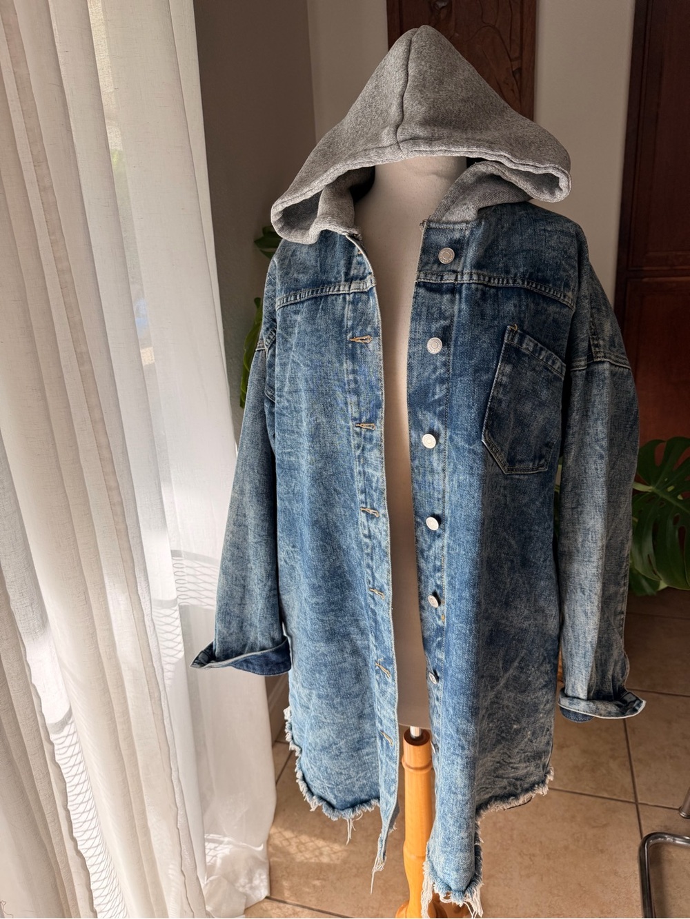 Thrill Jeans Hooded Denim Jacket XL Oversized Acid Wash Distressed